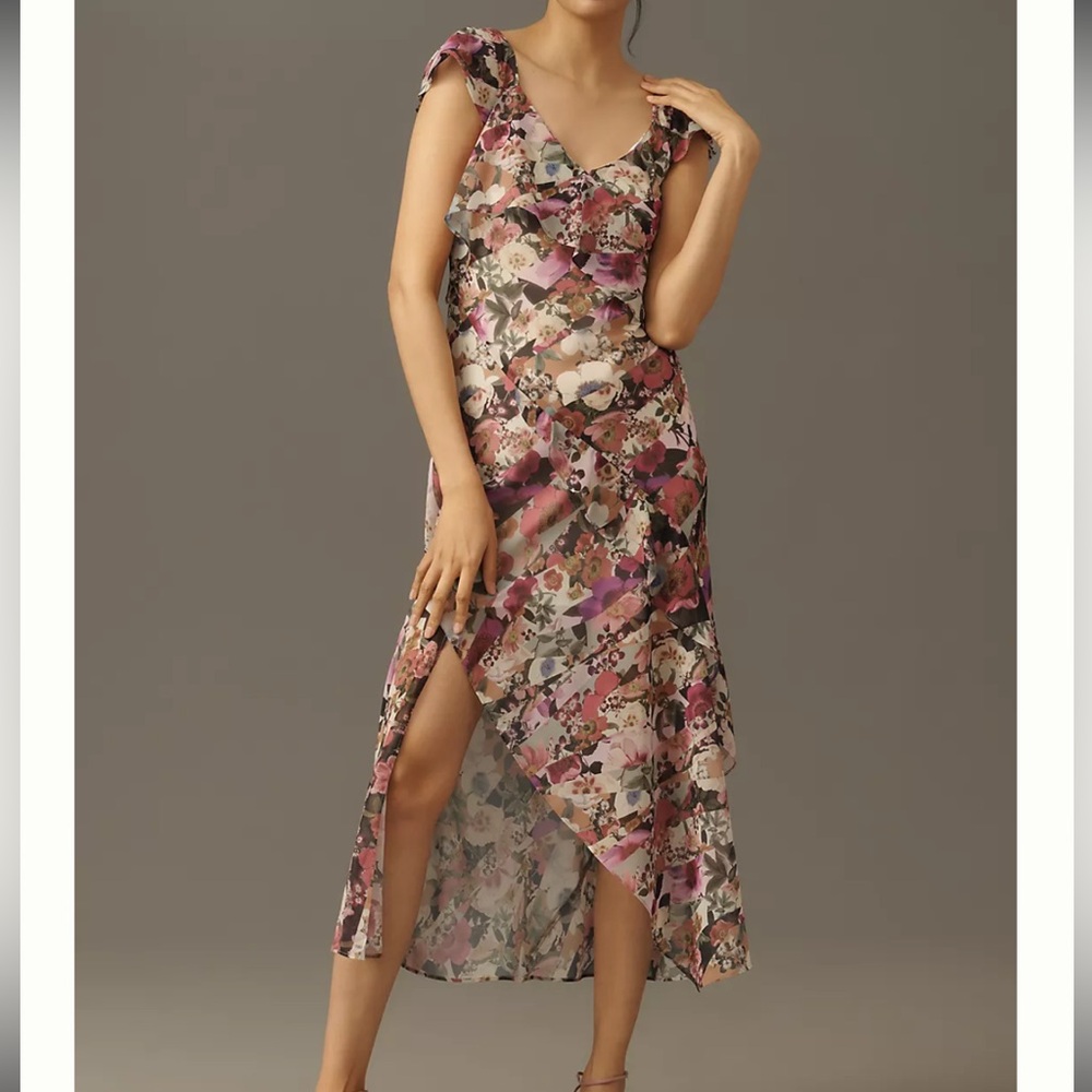 Anthropologie Pink and Purple Floral High Low Dress